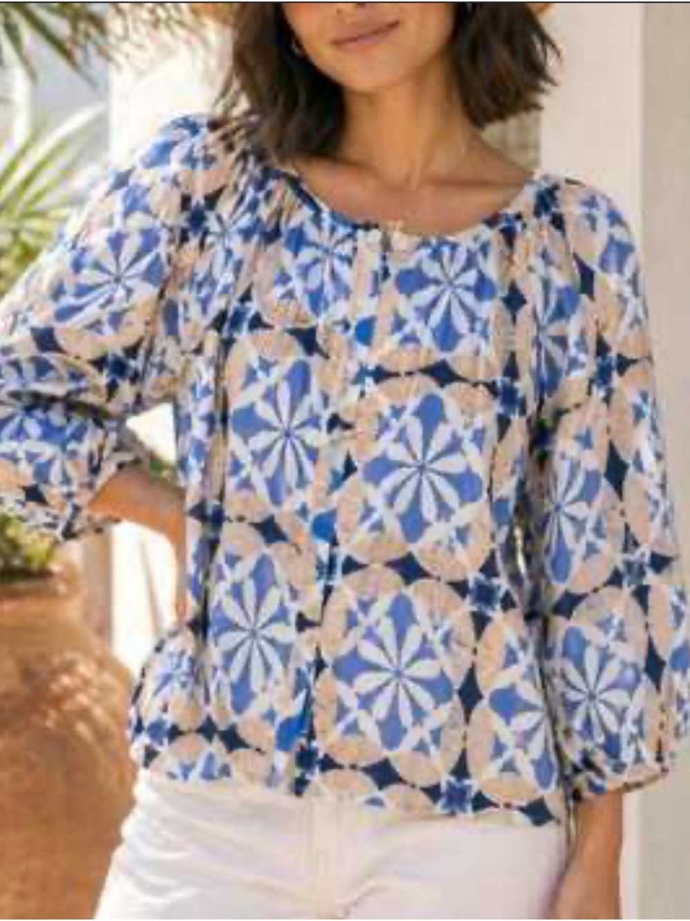 Marea Peasant Blouse Print Cotton Large Puff Sleeves Boho Western Artsy Top Geo